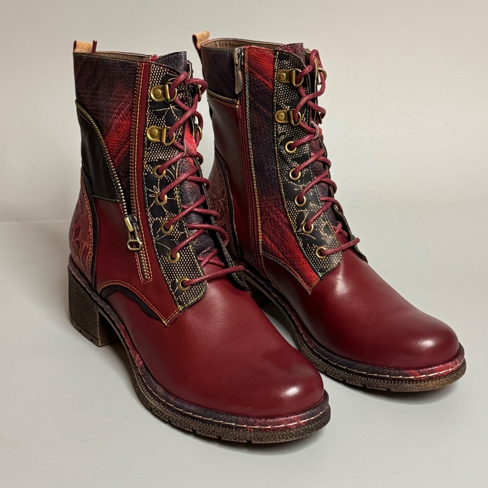 Spring Step LArtiste Hipnotic Burgundy Leather Patchwork Boots Size 42 NEW